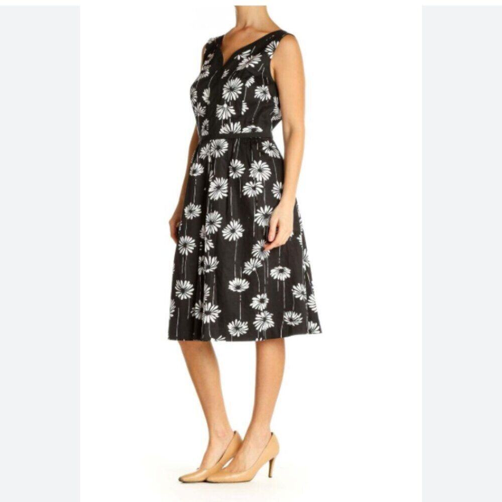 Talbots Black Daisy Print Midi Dress Women Size 10 Casual Floral V Neck A Line